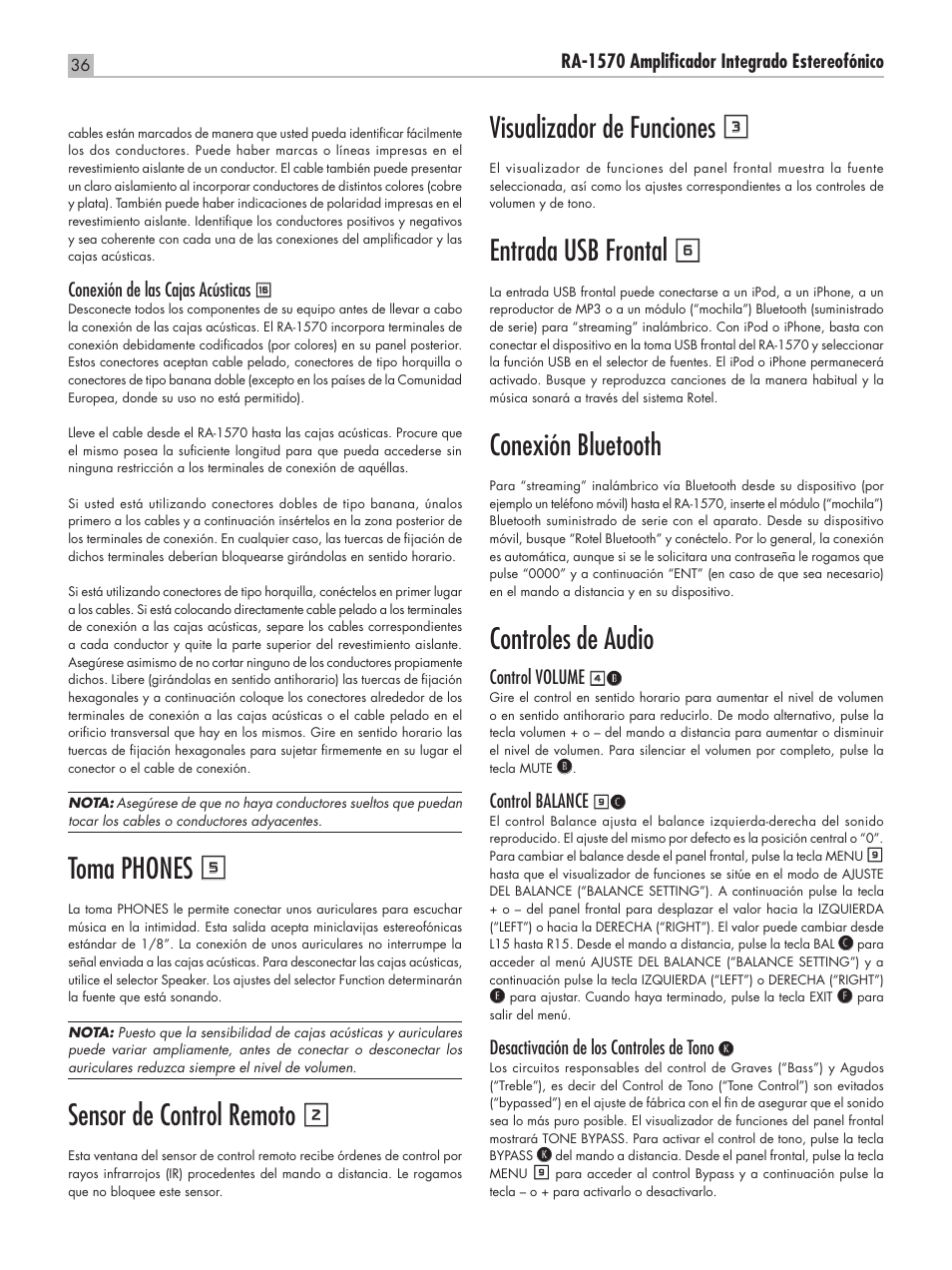 Toma phones 5, Sensor de control remoto 2, Visualizador de funciones 3 | Entrada usb frontal 6, Conexión bluetooth, Controles de audio | ROTEL RA-1570 User Manual | Page 36 / 76