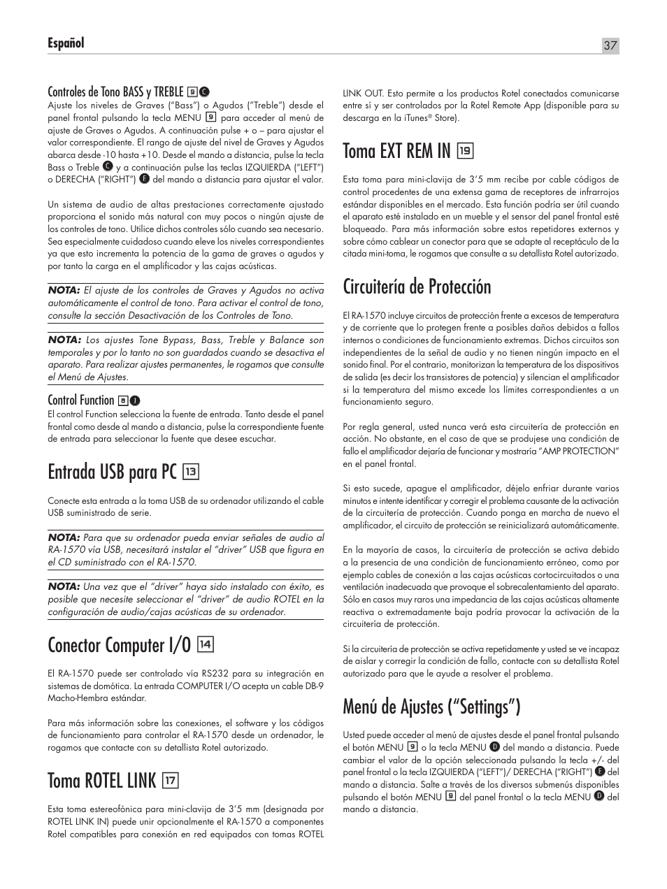 Toma ext rem in u, Circuitería de protección, Menú de ajustes (“settings”) | Entrada usb para pc q, Conector computer i/o w, Toma rotel link t, Español, Controles de tono bass y treble, Control function | ROTEL RA-1570 User Manual | Page 37 / 76