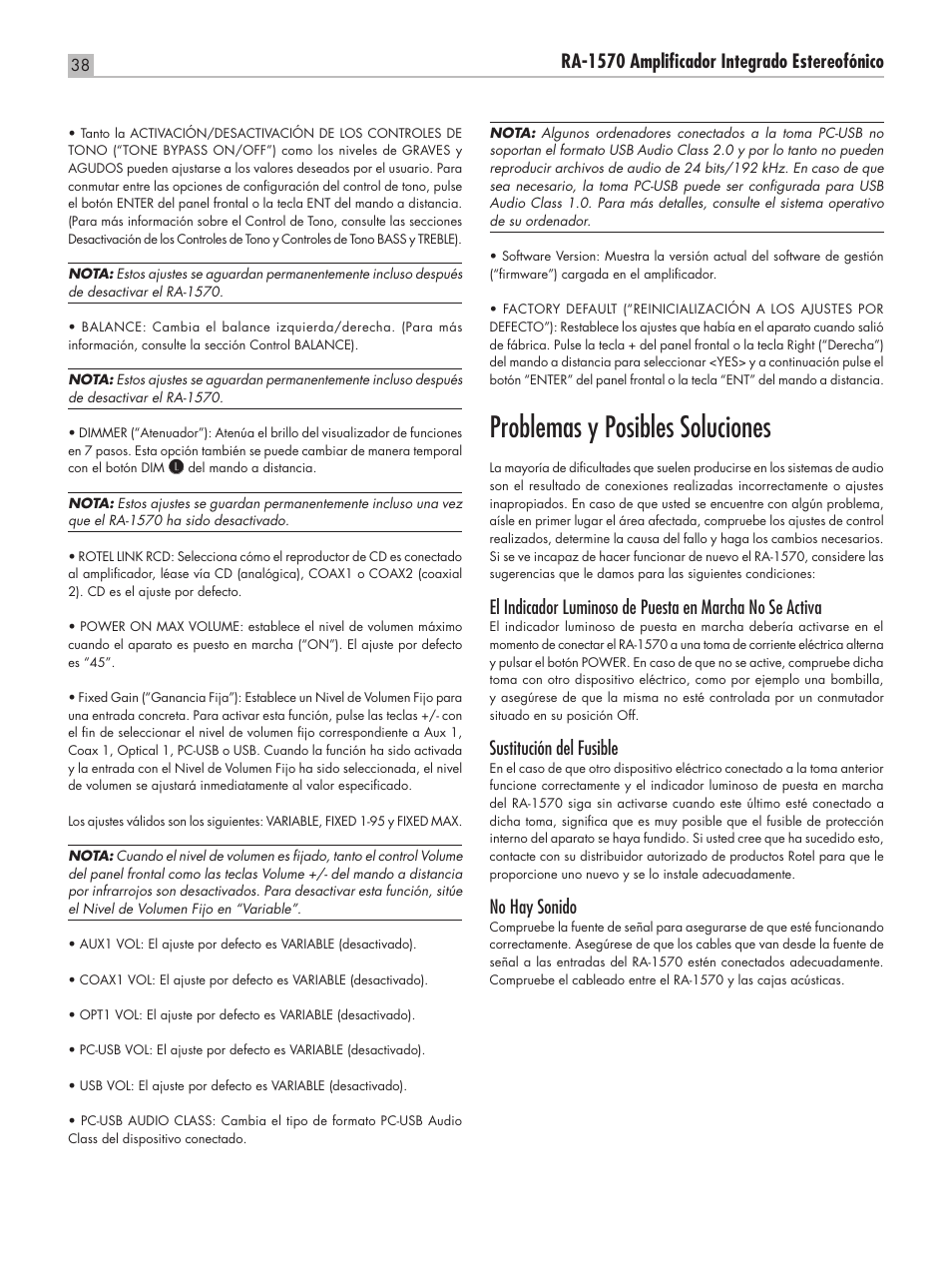 Problemas y posibles soluciones, Ra‑1570 amplificador integrado estereofónico, Sustitución del fusible | No hay sonido | ROTEL RA-1570 User Manual | Page 38 / 76