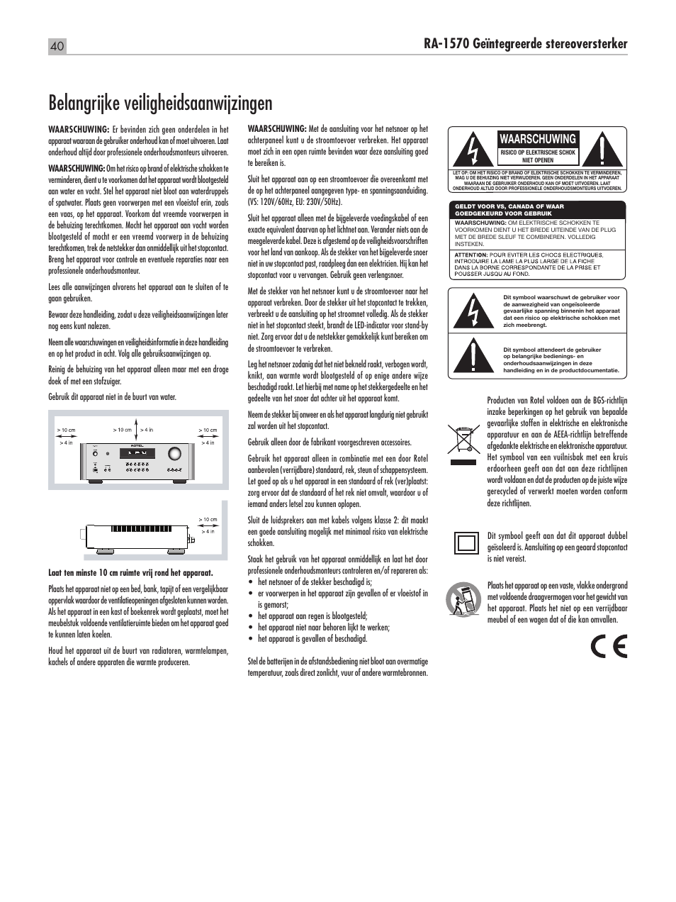 Belangrijke veiligheidsaanwijzingen, Ra‑1570 geïntegreerde stereoversterker, Waarschuwing | ROTEL RA-1570 User Manual | Page 40 / 76