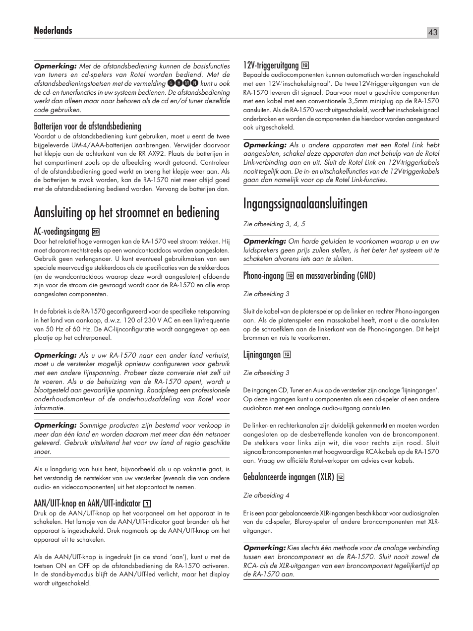 Aansluiting op het stroomnet en bediening, Ingangssignaalaansluitingen, Nederlands | Ghmn, Batterijen voor de afstandsbediening, Ac‑voedingsingang, Aan/uit‑knop en aan/uit‑indicator, 12v‑triggeruitgang, Phono‑ingang, En massaverbinding (gnd) | ROTEL RA-1570 User Manual | Page 43 / 76