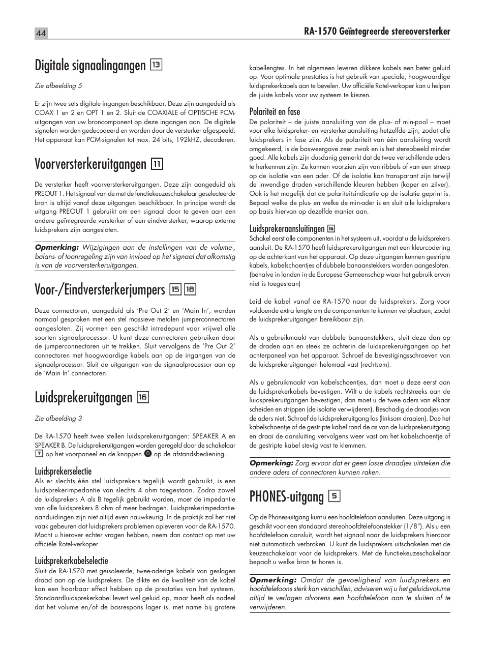 Digitale signaalingangen q, Voorversterkeruitgangen, Voor‑/eindversterkerjumpers ey | Luidsprekeruitgangen r, Phones‑uitgang 5 | ROTEL RA-1570 User Manual | Page 44 / 76