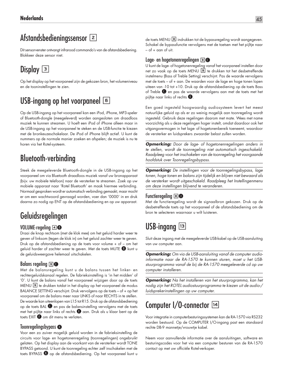 Afstandsbedieningssensor 2, Display 3, Usb‑ingang op het voorpaneel 6 | Bluetooth‑verbinding, Geluidsregelingen, Usb‑ingang q, Computer i/o‑connector w | ROTEL RA-1570 User Manual | Page 45 / 76