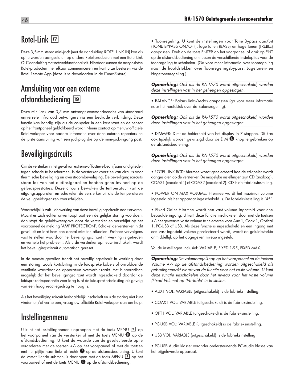 Rotel‑link t, Aansluiting voor een externe afstandsbediening u, Beveiligingscircuits | Instellingenmenu, Ra‑1570 geïntegreerde stereoversterker | ROTEL RA-1570 User Manual | Page 46 / 76