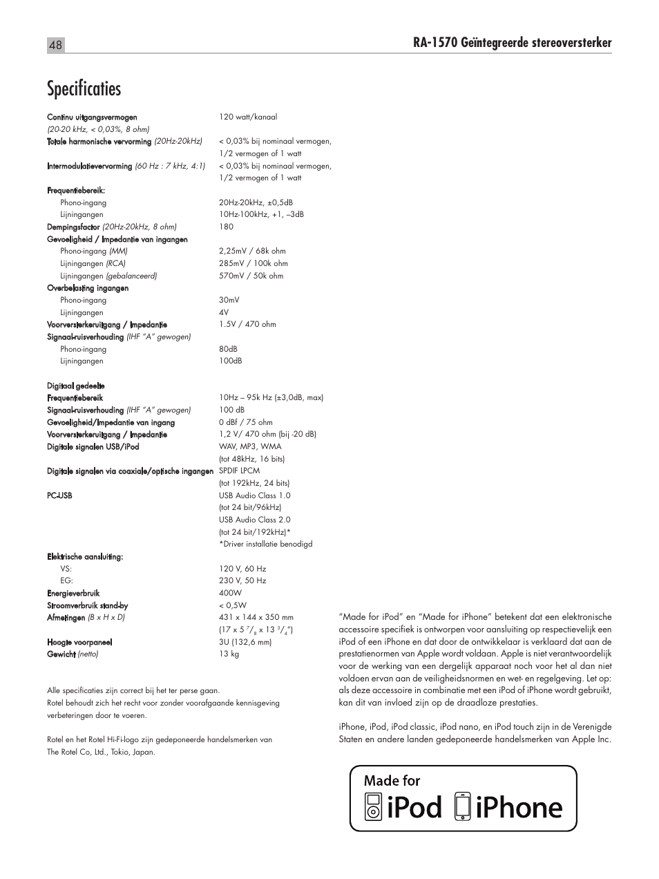 Specificaties, Ra‑1570 geïntegreerde stereoversterker | ROTEL RA-1570 User Manual | Page 48 / 76