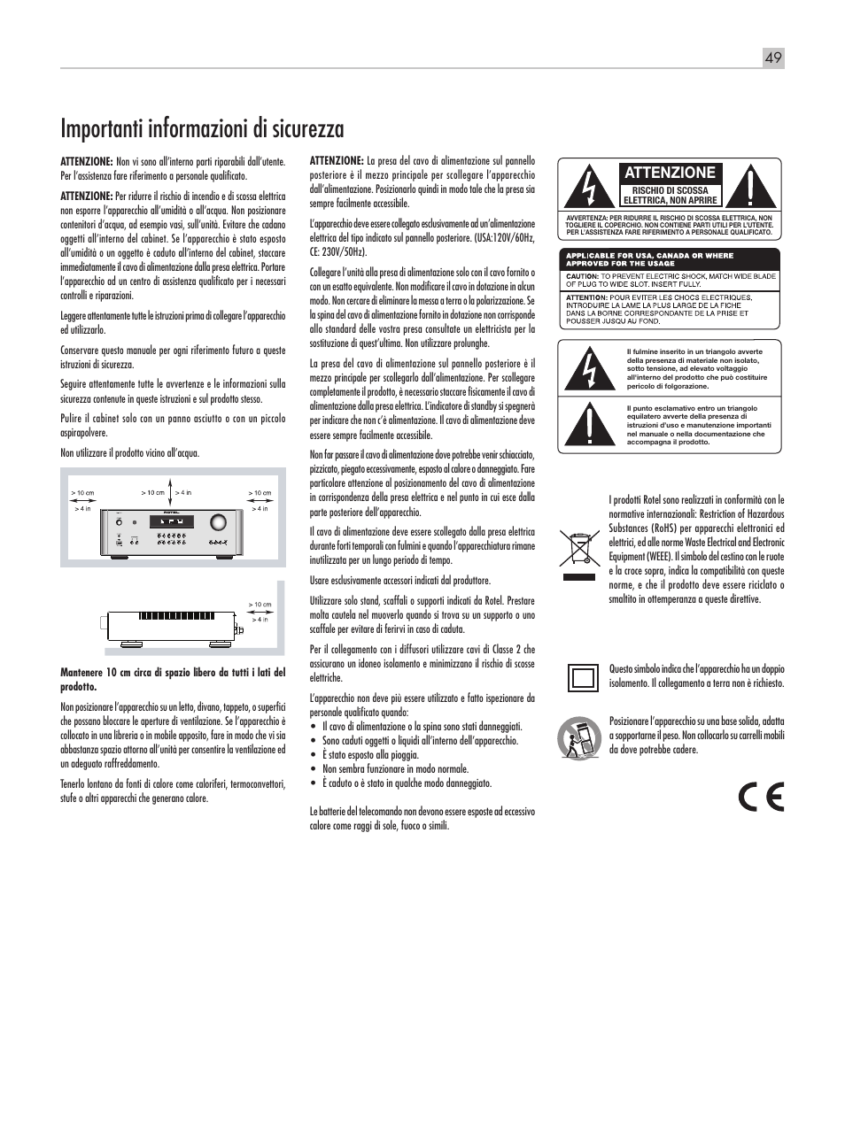 Importanti informazioni di sicurezza, Ra‑1570 amplificatore integrato stereo, Attenzione | Pb 49 | ROTEL RA-1570 User Manual | Page 49 / 76