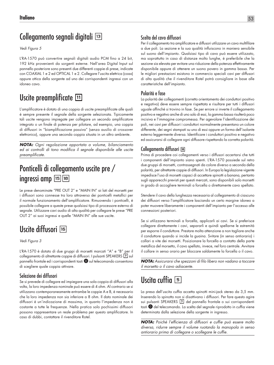 Collegamento segnali digitali q, Uscite preamplificate, Uscite diffusori r | Uscita cuffia 5, Italiano, Selezione dei diffusori, Scelta del cavo diffusori, Polarità e fase, Collegamento diffusori | ROTEL RA-1570 User Manual | Page 53 / 76