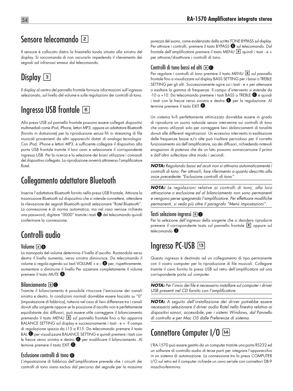 Sensore telecomando 2, Display 3, Ingresso usb frontale 6 | Collegamento adattatore bluetooth, Controlli audio, Ingresso pc‑usb q, Connettore computer i/o w | ROTEL RA-1570 User Manual | Page 54 / 76