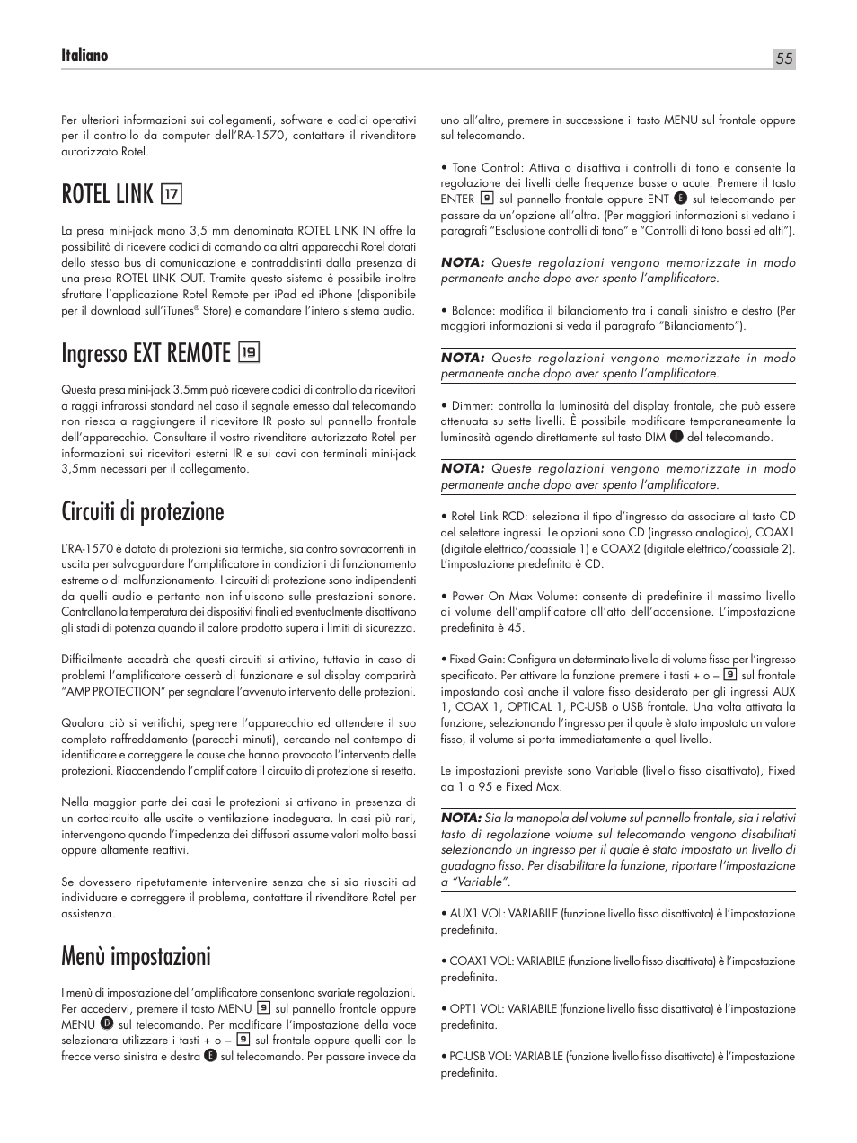 Rotel link t, Ingresso ext remote u, Circuiti di protezione | Menù impostazioni, Italiano | ROTEL RA-1570 User Manual | Page 55 / 76