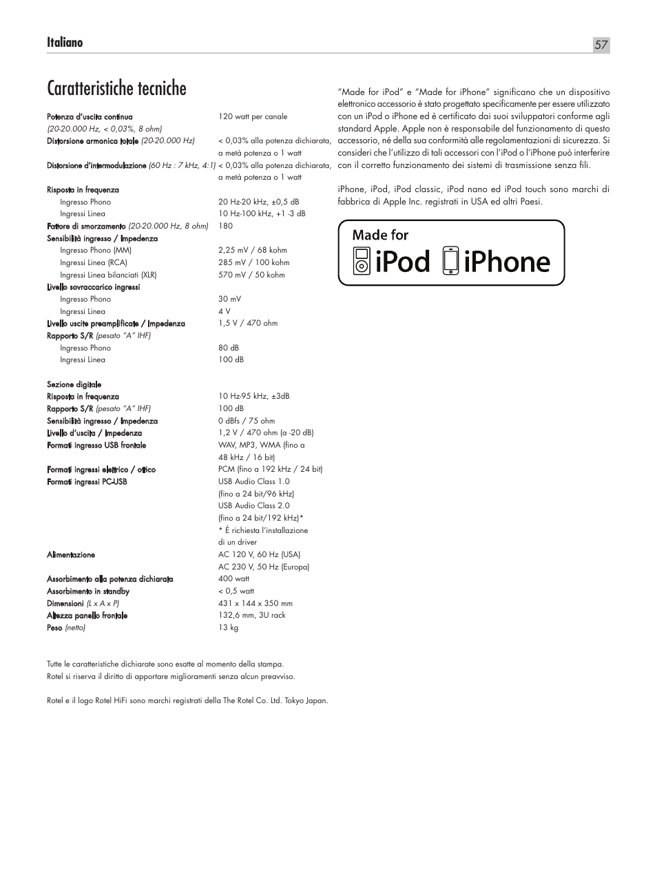 Caratteristiche tecniche, Italiano | ROTEL RA-1570 User Manual | Page 57 / 76