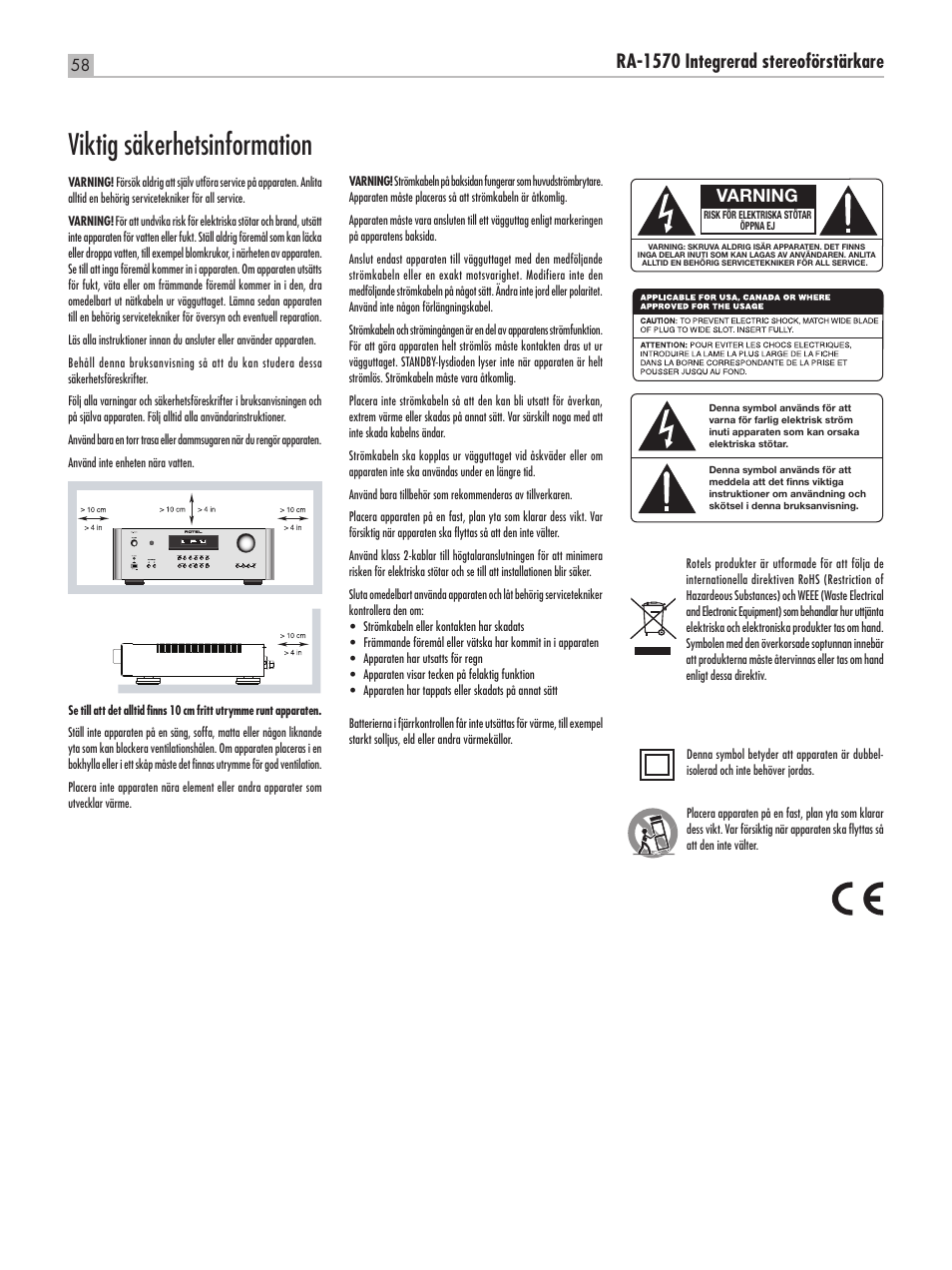 Viktig säkerhetsinformation, Ra‑1570 integrerad stereoförstärkare, Varning | ROTEL RA-1570 User Manual | Page 58 / 76