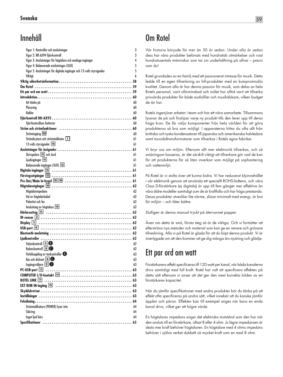 Om rotel, Ett par ord om watt, Innehåll | Svenska, Ra‑1570 integrerad stereoförstärkare | ROTEL RA-1570 User Manual | Page 59 / 76