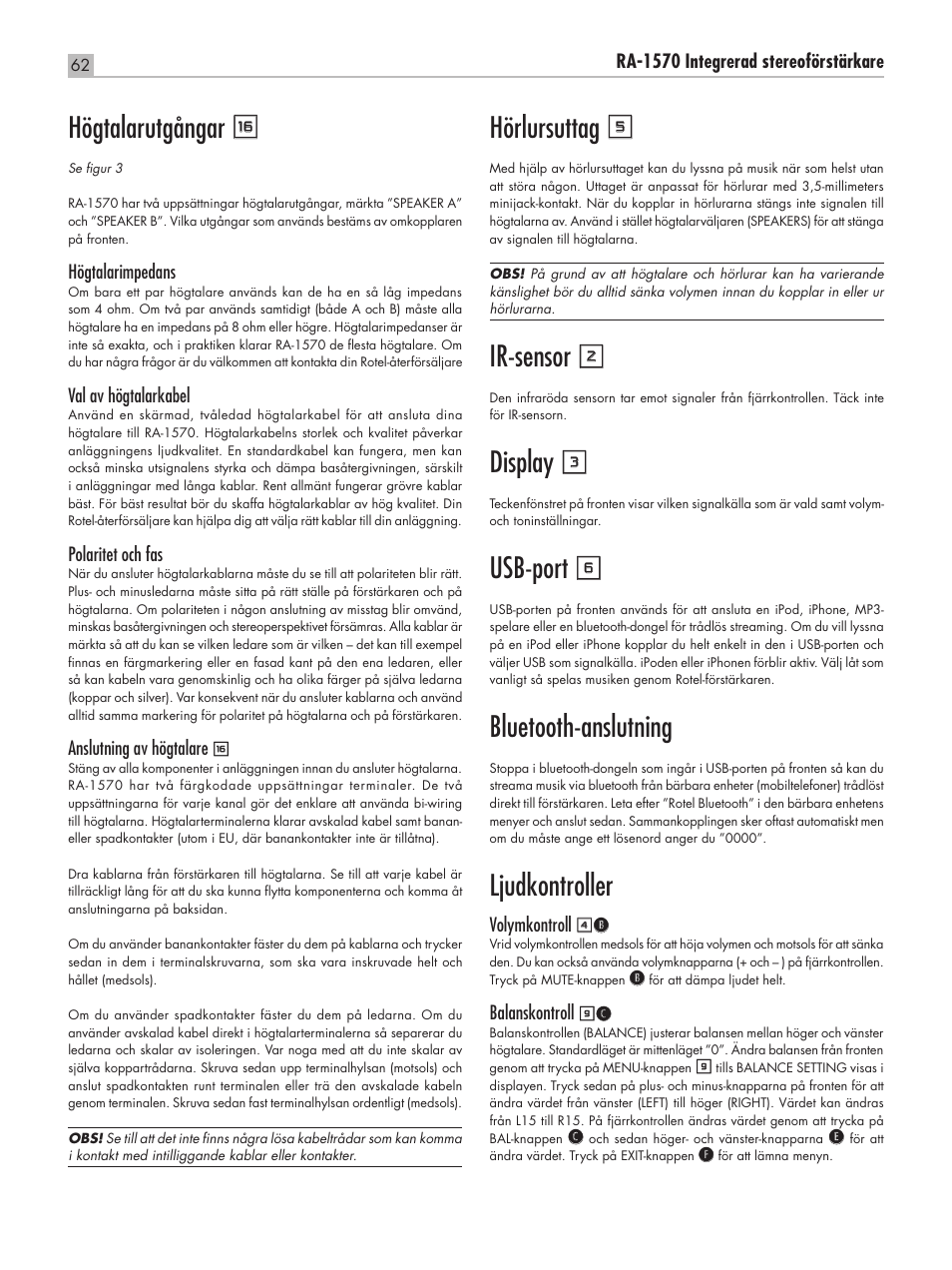 Högtalarutgångar r, Hörlursuttag 5, Ir‑sensor 2 | Display 3, Usb‑port 6, Bluetooth‑anslutning, Ljudkontroller | ROTEL RA-1570 User Manual | Page 62 / 76