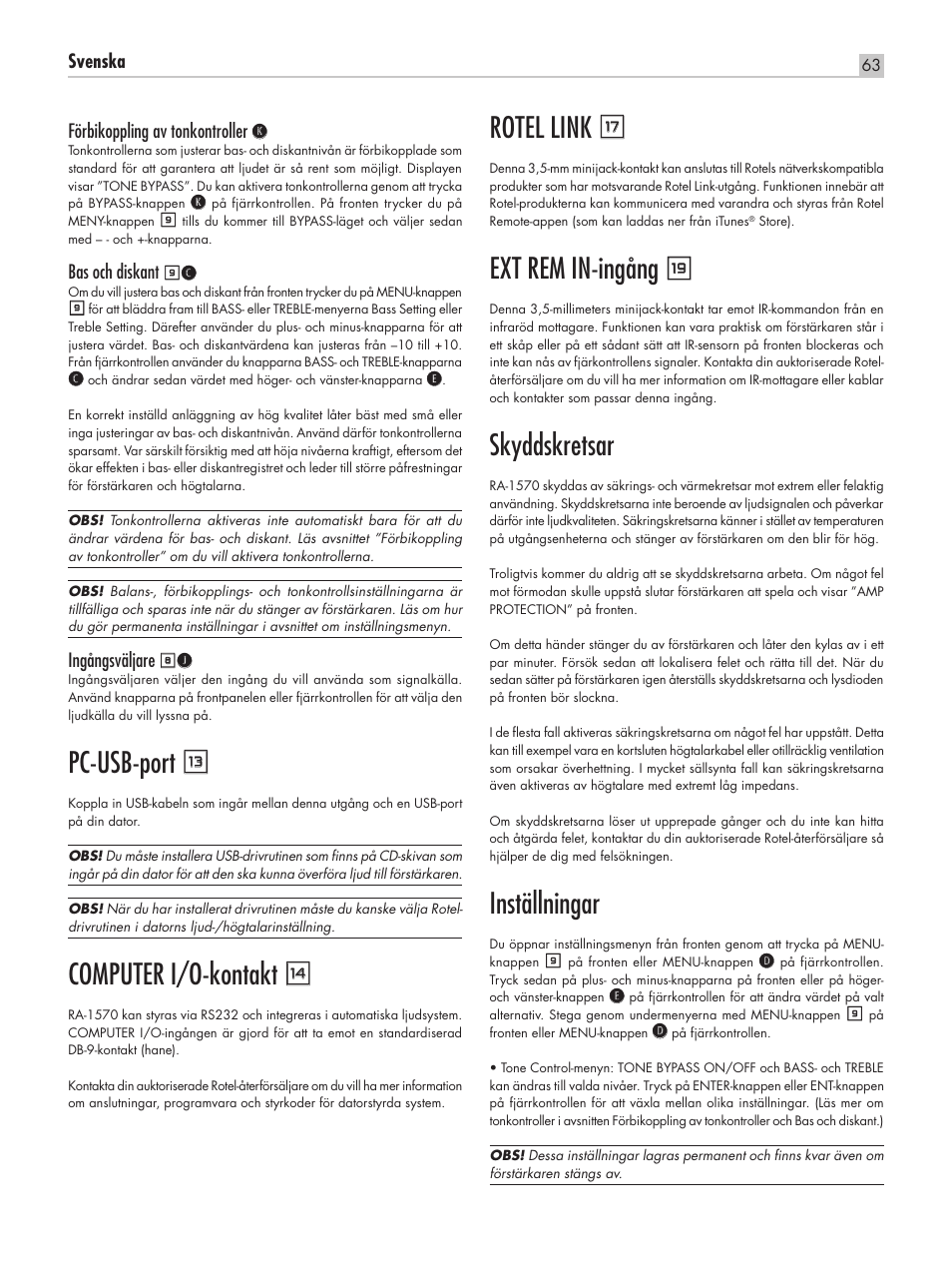Pc‑usb‑port q, Computer i/o‑kontakt w, Rotel link t | Ext rem in‑ingång u, Skyddskretsar, Inställningar, Svenska förbikoppling av tonkontroller k, Bas och diskant, Ingångsväljare | ROTEL RA-1570 User Manual | Page 63 / 76