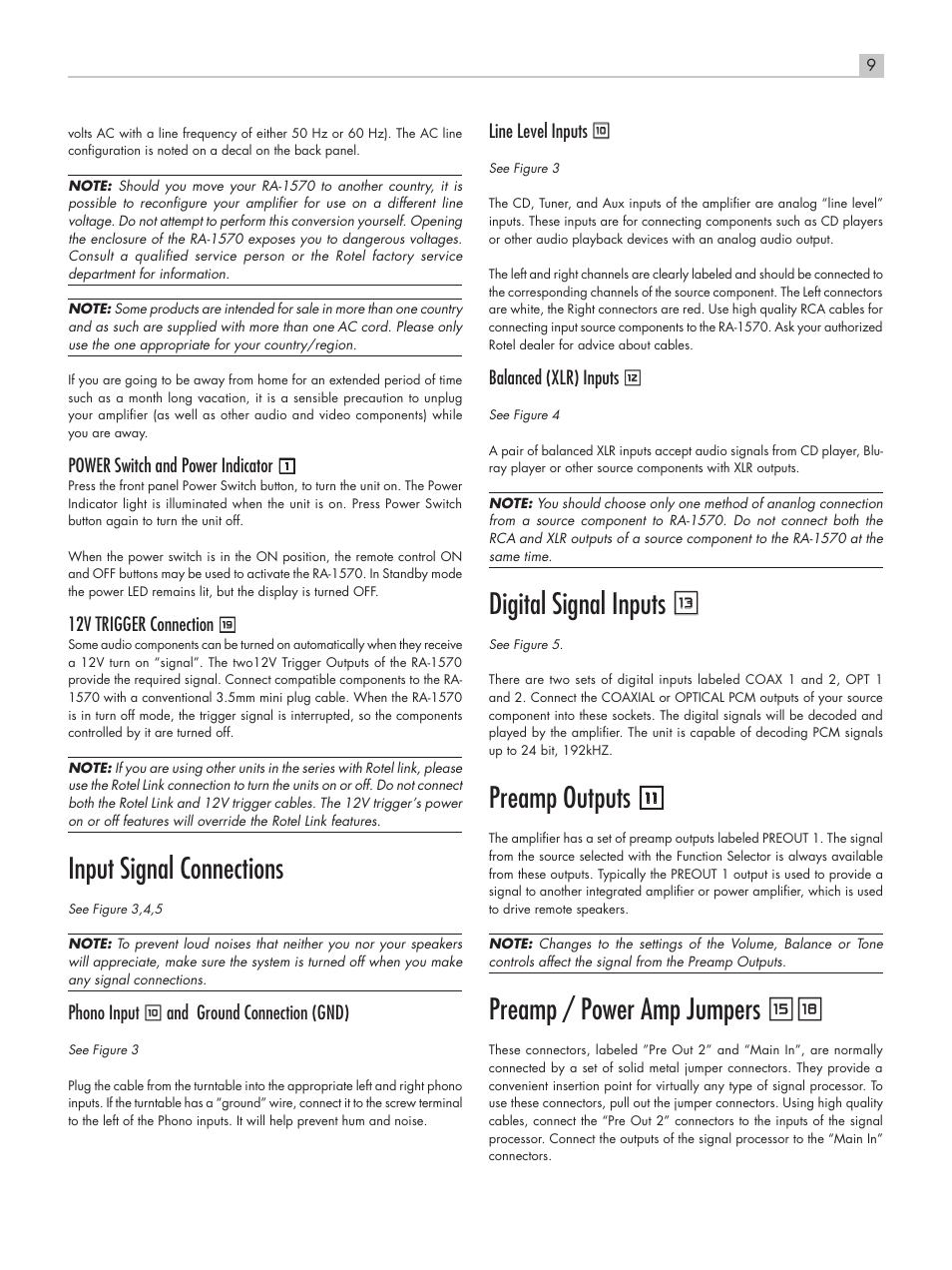 Input signal connections, Digital signal inputs q, Preamp outputs | Preamp / power amp jumpers ey, Ra‑1570 stereo integrated amplifier, Power switch and power indicator 1, 12v trigger connection u, Phono input 0 and ground connection (gnd), Line level inputs 0, Balanced (xlr) inputs | ROTEL RA-1570 User Manual | Page 9 / 76