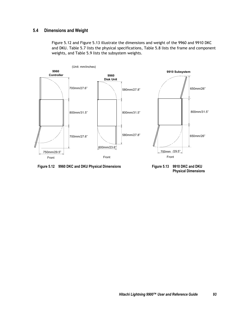 4 dimensions and weight, Figure 5.12 9960 dkc and dku physical dimensions, Figure 5.13 9910 dkc and dku physical dimensions | Compaq 9900 User Manual | Page 107 / 138