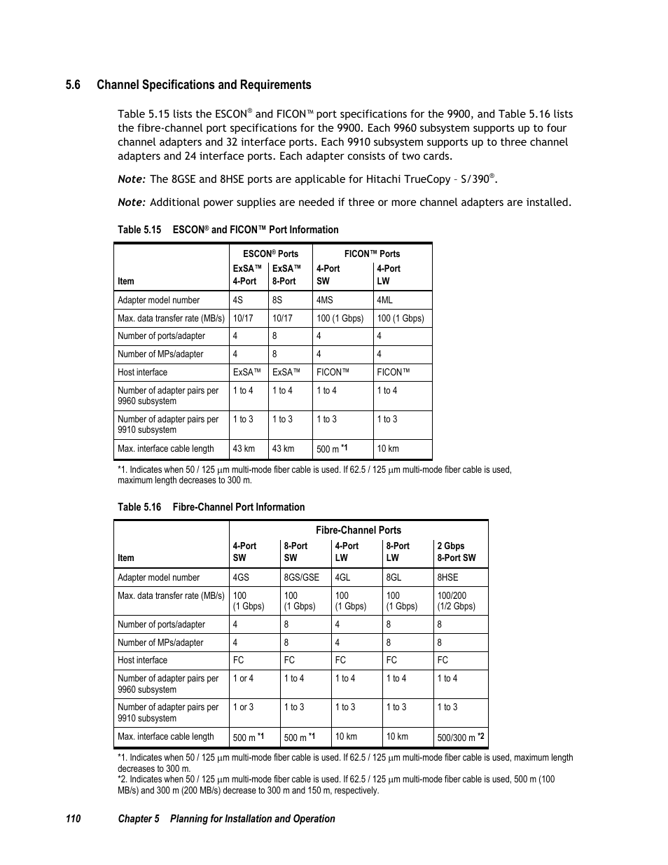 6 channel specifications and requirements, Table 5.15 escon® and ficon™ port information, Table 5.16 fibre-channel port information | Compaq 9900 User Manual | Page 124 / 138