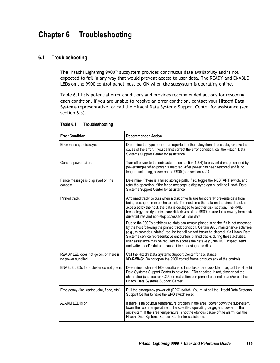 Table 6.1 troubleshooting, Chapter 6 troubleshooting, 1 troubleshooting | Compaq 9900 User Manual | Page 129 / 138