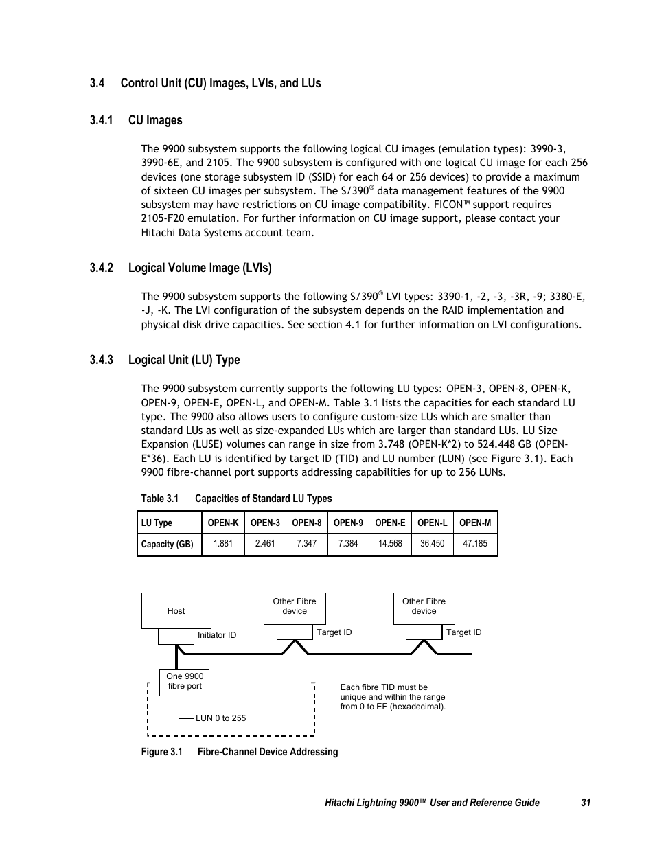 4 control unit (cu) images, lvis, and lus, 1 cu images, 2 logical volume image (lvis) | 3 logical unit (lu) type, Table 3.1 capacities of standard lu types | Compaq 9900 User Manual | Page 45 / 138