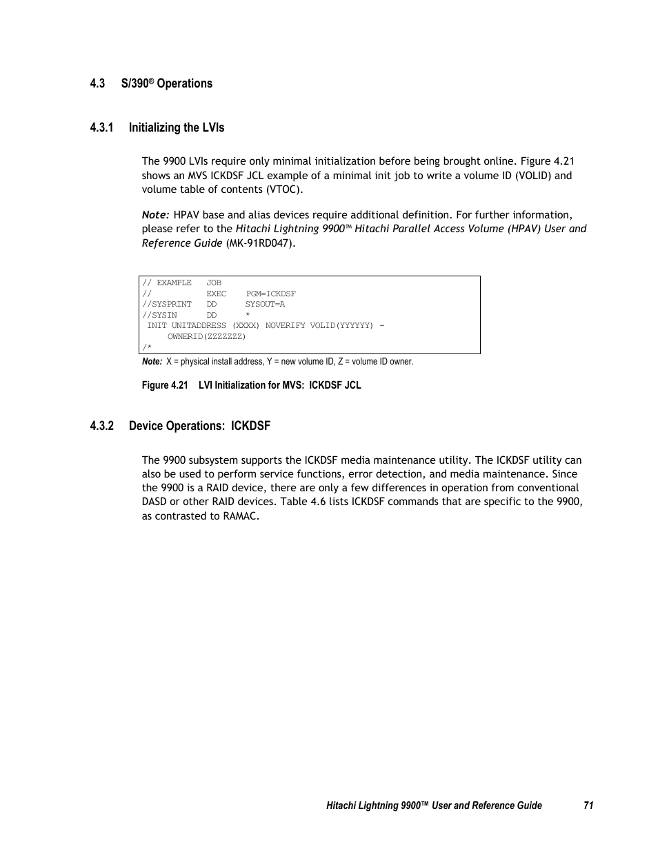 Figure 4.21 lvi initialization for mvs: ickdsf jcl, 2 device operations: ickdsf | Compaq 9900 User Manual | Page 85 / 138