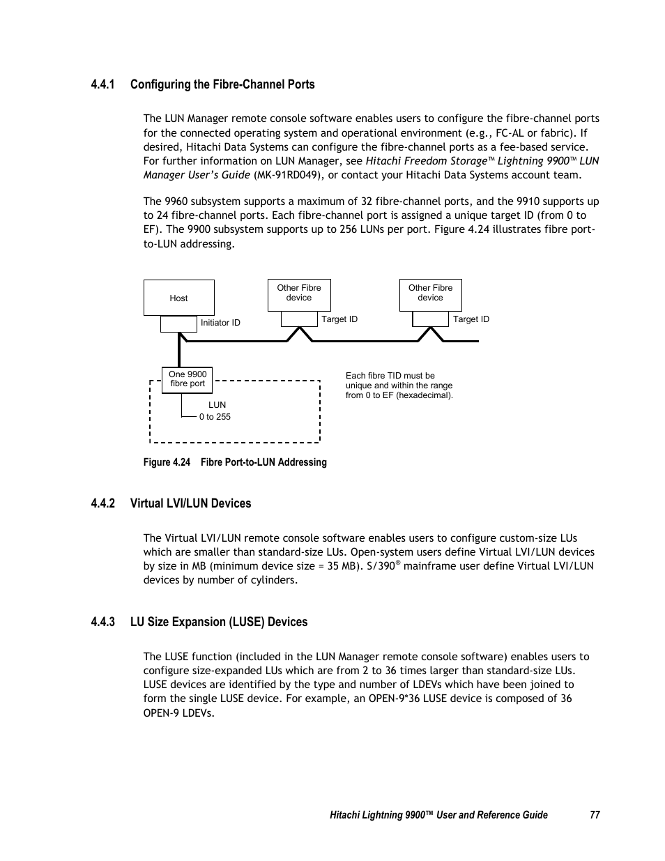 Figure 4.24 fibre port-to-lun addressing, 2 virtual lvi/lun devices, 3 lu size expansion (luse) devices | 1 configuring the fibre-channel ports | Compaq 9900 User Manual | Page 91 / 138