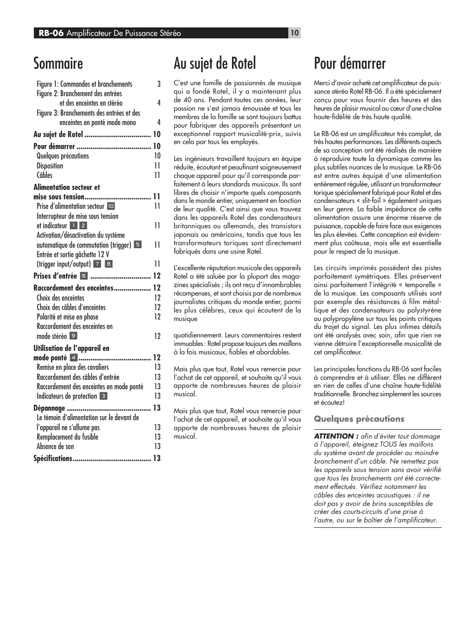 Au sujet de rotel, Pour démarrer, Sommaire | ROTEL RB-06 User Manual | Page 10 / 44