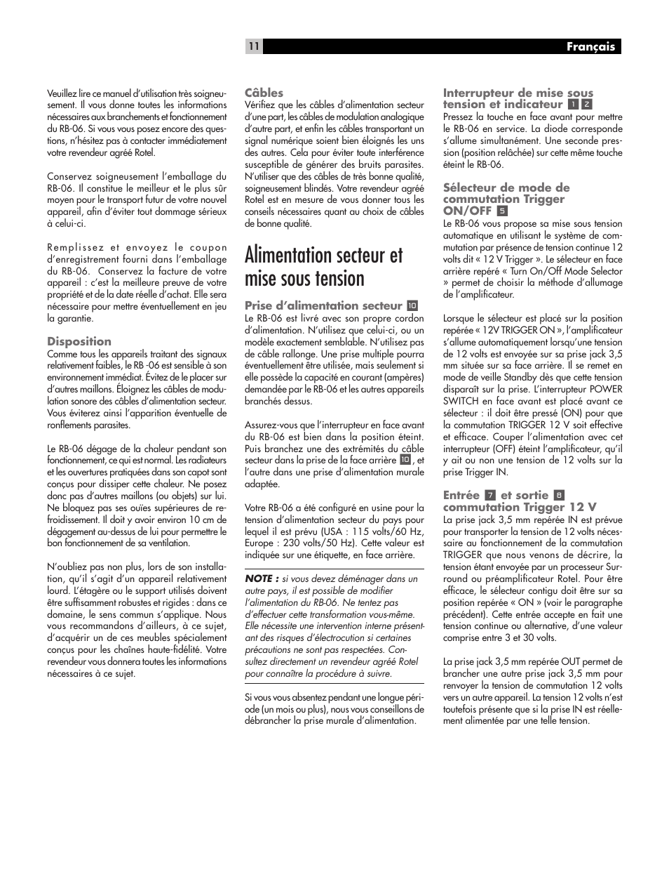 Alimentation secteur et mise sous tension | ROTEL RB-06 User Manual | Page 11 / 44