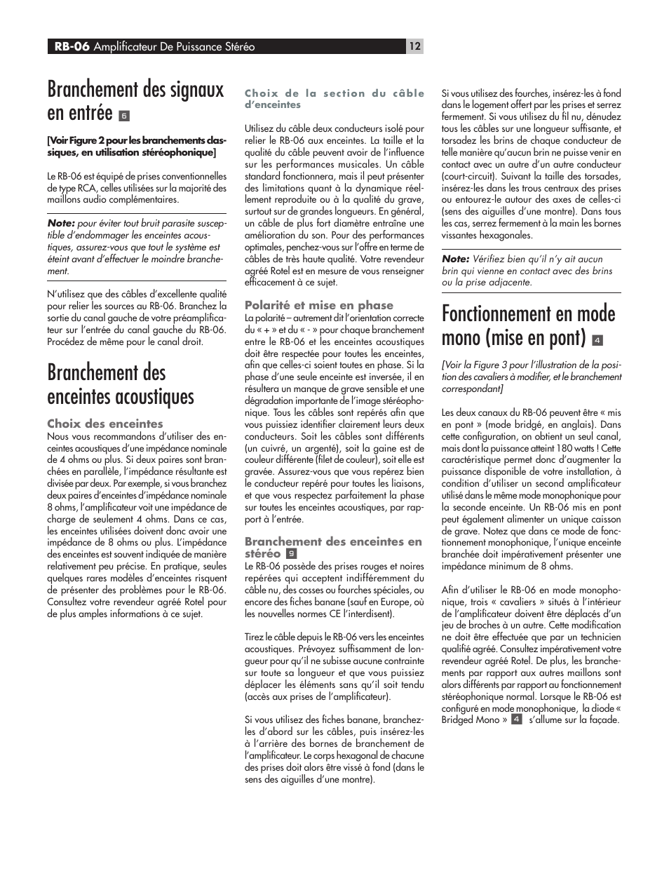 Fonctionnement en mode mono (mise en pont), Branchement des signaux en entrée, Branchement des enceintes acoustiques | ROTEL RB-06 User Manual | Page 12 / 44