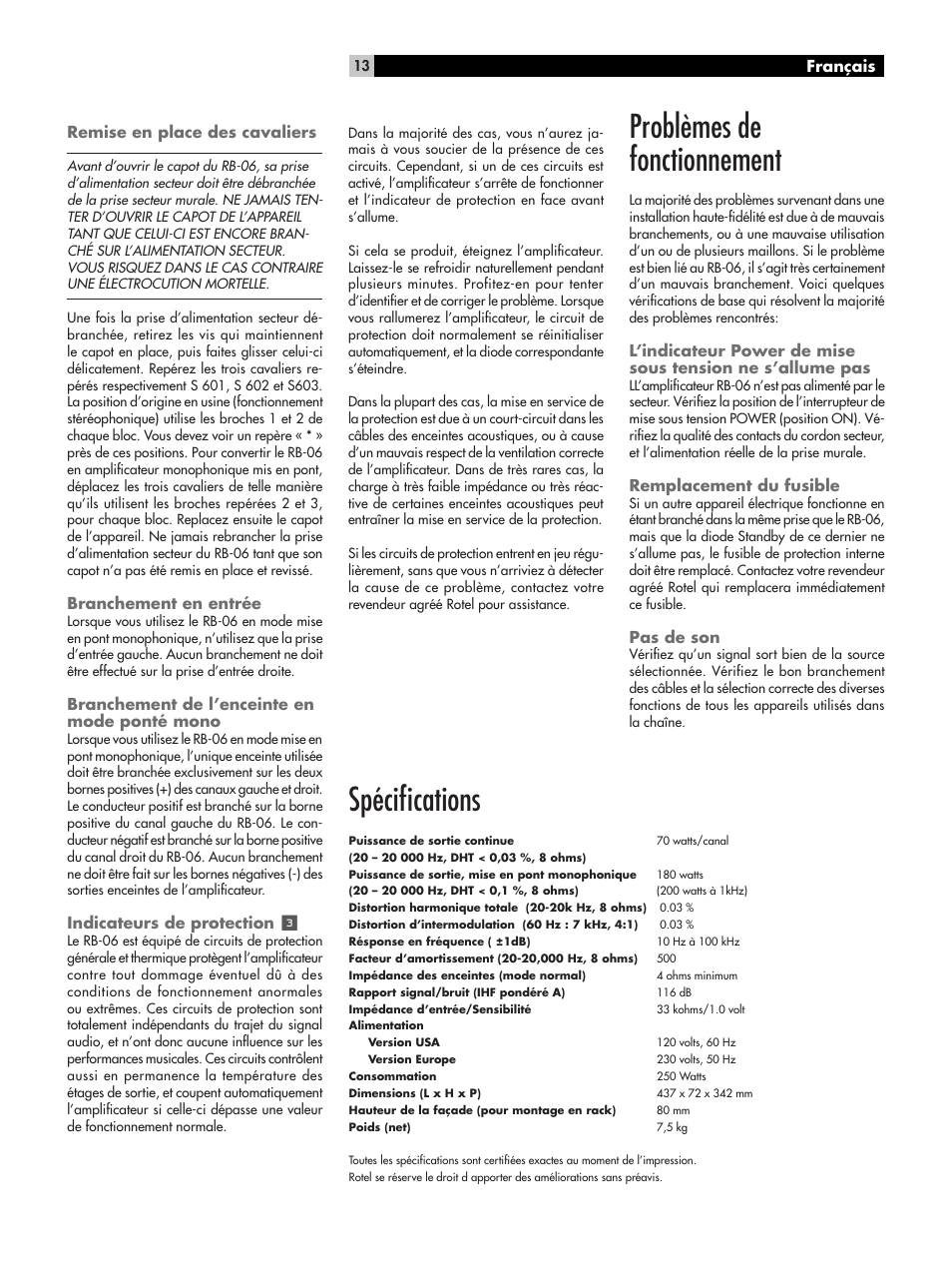 Spéciﬁcations, Problèmes de fonctionnement | ROTEL RB-06 User Manual | Page 13 / 44