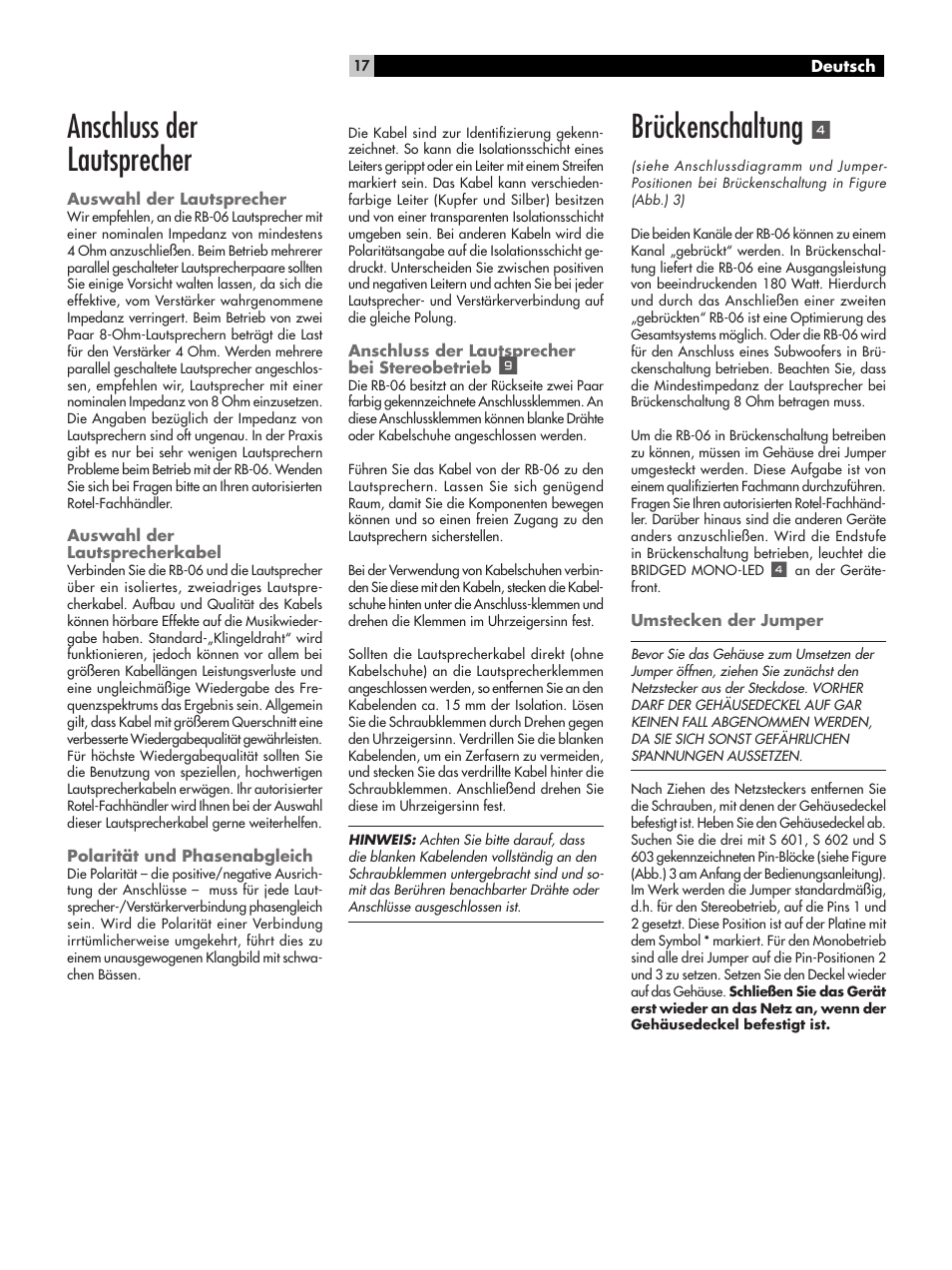 Anschluss der lautsprecher, Brückenschaltung | ROTEL RB-06 User Manual | Page 17 / 44