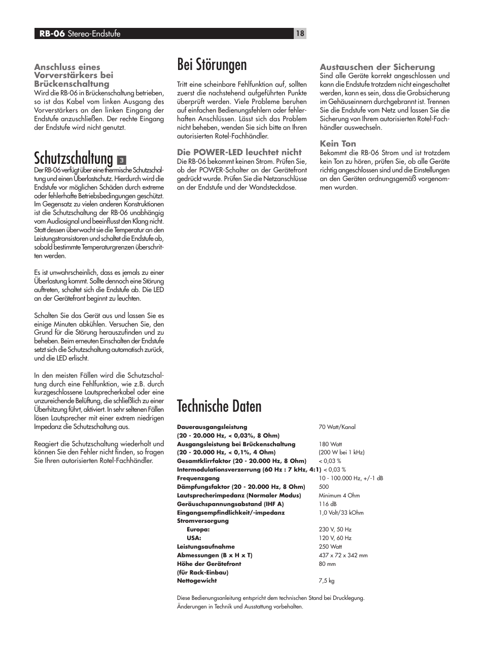 Bei störungen, Technische daten, Schutzschaltung | ROTEL RB-06 User Manual | Page 18 / 44