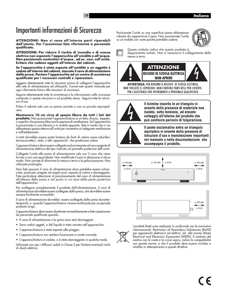 Importanti informazioni di sicurezza, Italiano | ROTEL RB-06 User Manual | Page 19 / 44