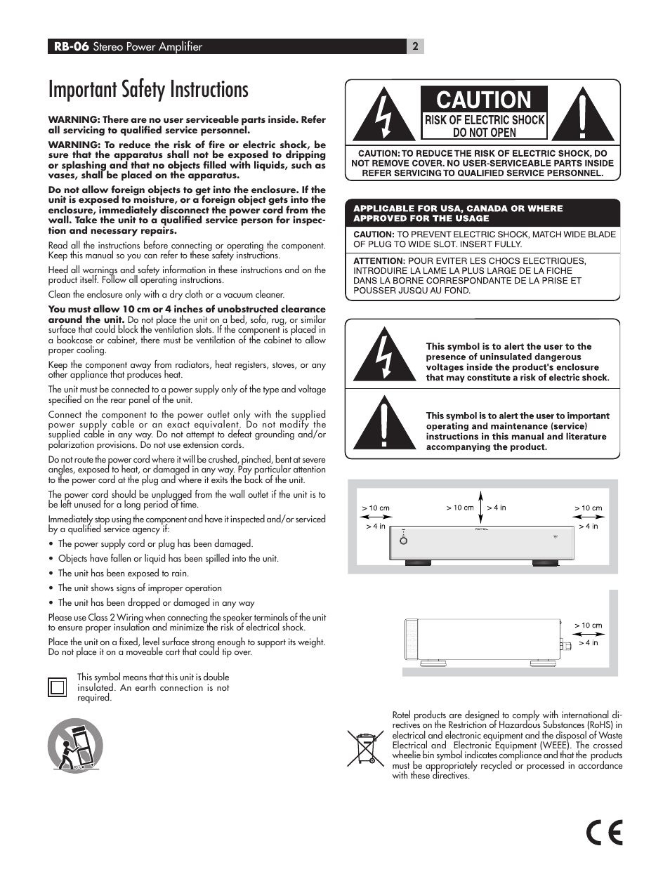 Important safety instructions | ROTEL RB-06 User Manual | Page 2 / 44