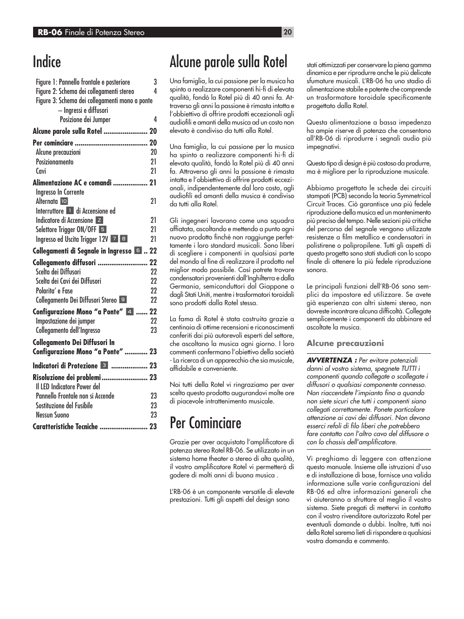 Alcune parole sulla rotel, Per cominciare, Indice | ROTEL RB-06 User Manual | Page 20 / 44
