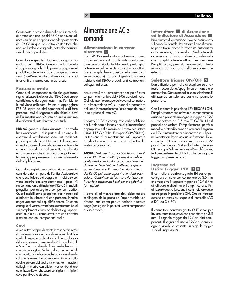 Alimentazione ac e comandi | ROTEL RB-06 User Manual | Page 21 / 44