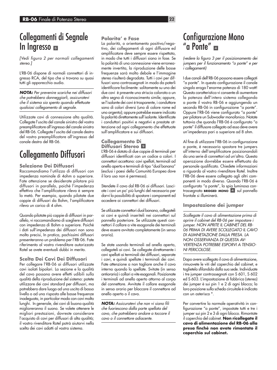 Conﬁgurazione mono “a ponte, Collegamenti di segnale in ingresso, Collegamento diffusori | ROTEL RB-06 User Manual | Page 22 / 44