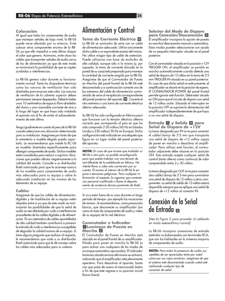 Alimentación y control, Conexión de la señal de entrada | ROTEL RB-06 User Manual | Page 26 / 44