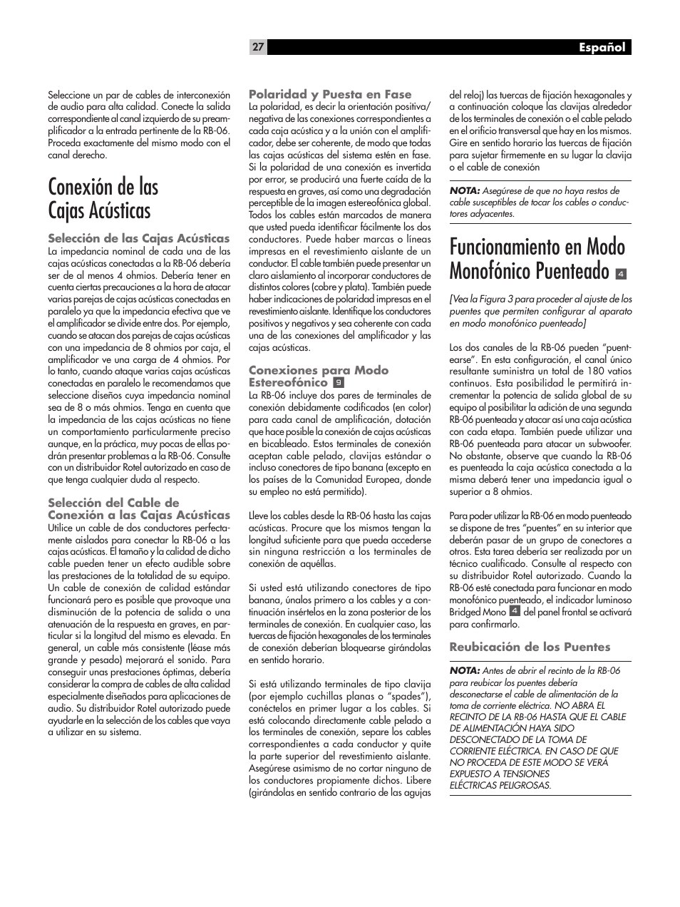 Conexión de las cajas acústicas, Funcionamiento en modo monofónico puenteado | ROTEL RB-06 User Manual | Page 27 / 44