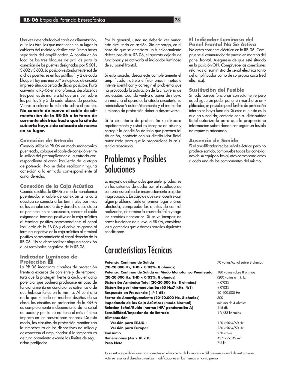 Problemas y posibles soluciones, Características técnicas | ROTEL RB-06 User Manual | Page 28 / 44