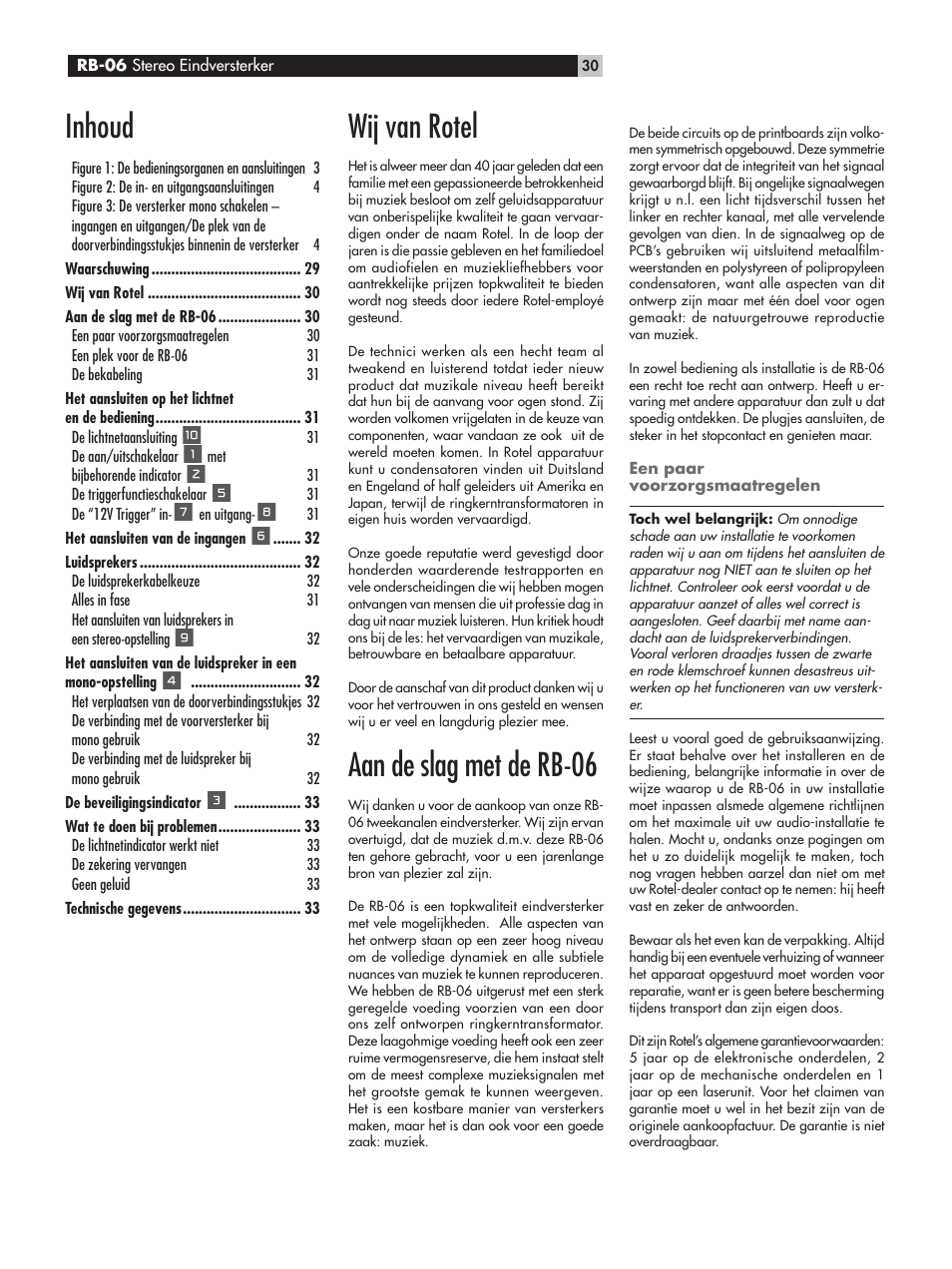 Wij van rotel, Aan de slag met de rb-06, Inhoud | ROTEL RB-06 User Manual | Page 30 / 44