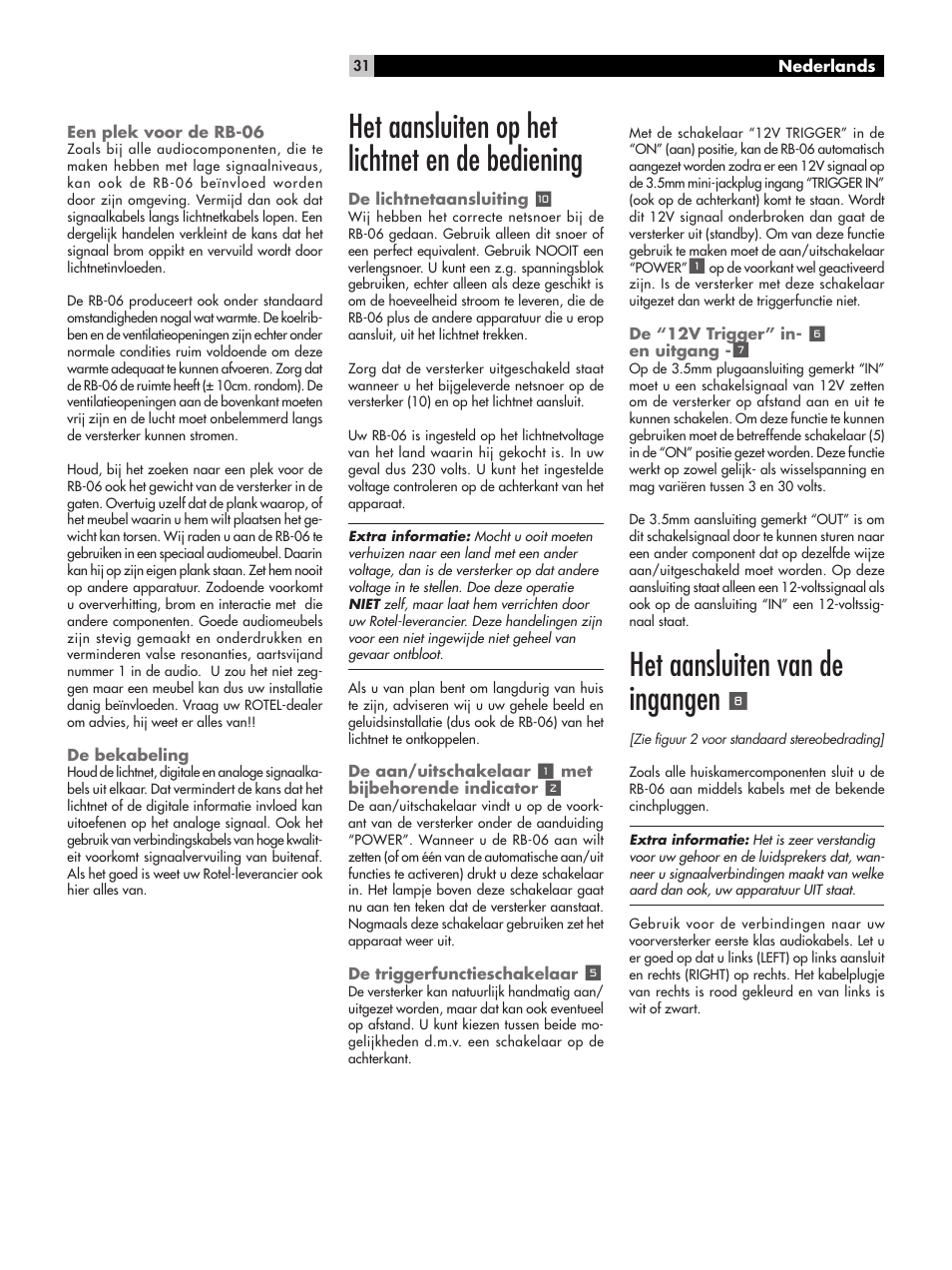 Het aansluiten op het lichtnet en de bediening, Het aansluiten van de ingangen | ROTEL RB-06 User Manual | Page 31 / 44