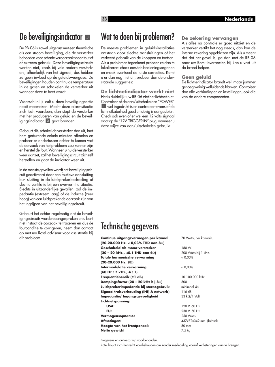 De beveiligingsindicator, Technische gegevens, Wat te doen bij problemen | ROTEL RB-06 User Manual | Page 33 / 44