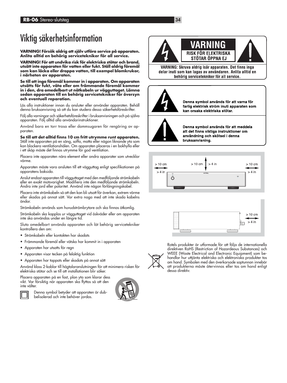 Viktig säkerhetsinformation | ROTEL RB-06 User Manual | Page 34 / 44