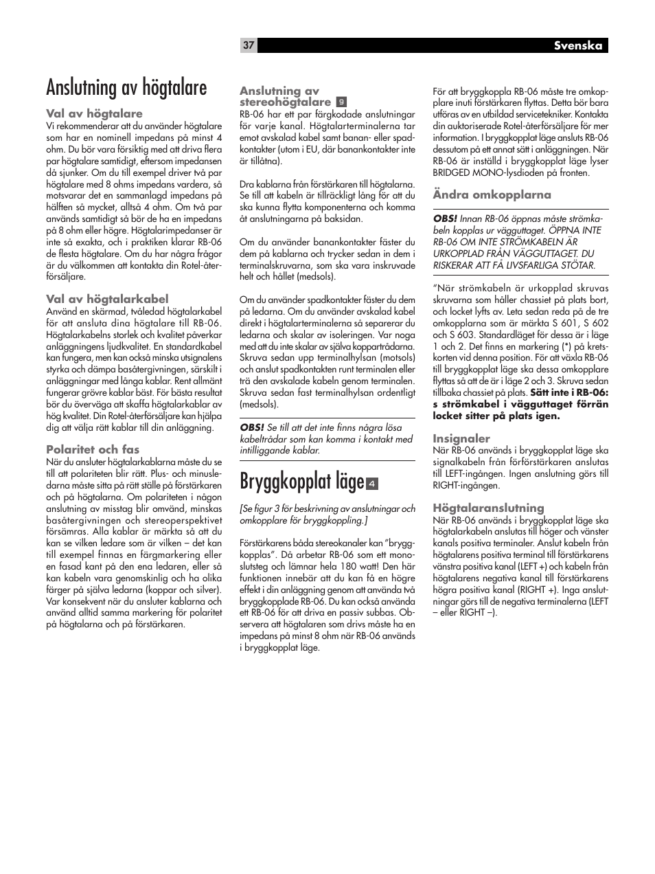 Anslutning av högtalare, Bryggkopplat läge | ROTEL RB-06 User Manual | Page 37 / 44
