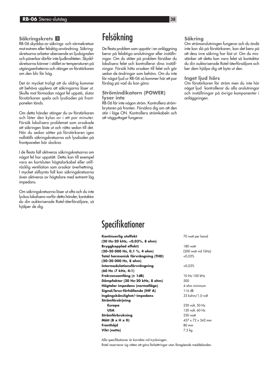 Speciﬁkationer, Felsökning | ROTEL RB-06 User Manual | Page 38 / 44