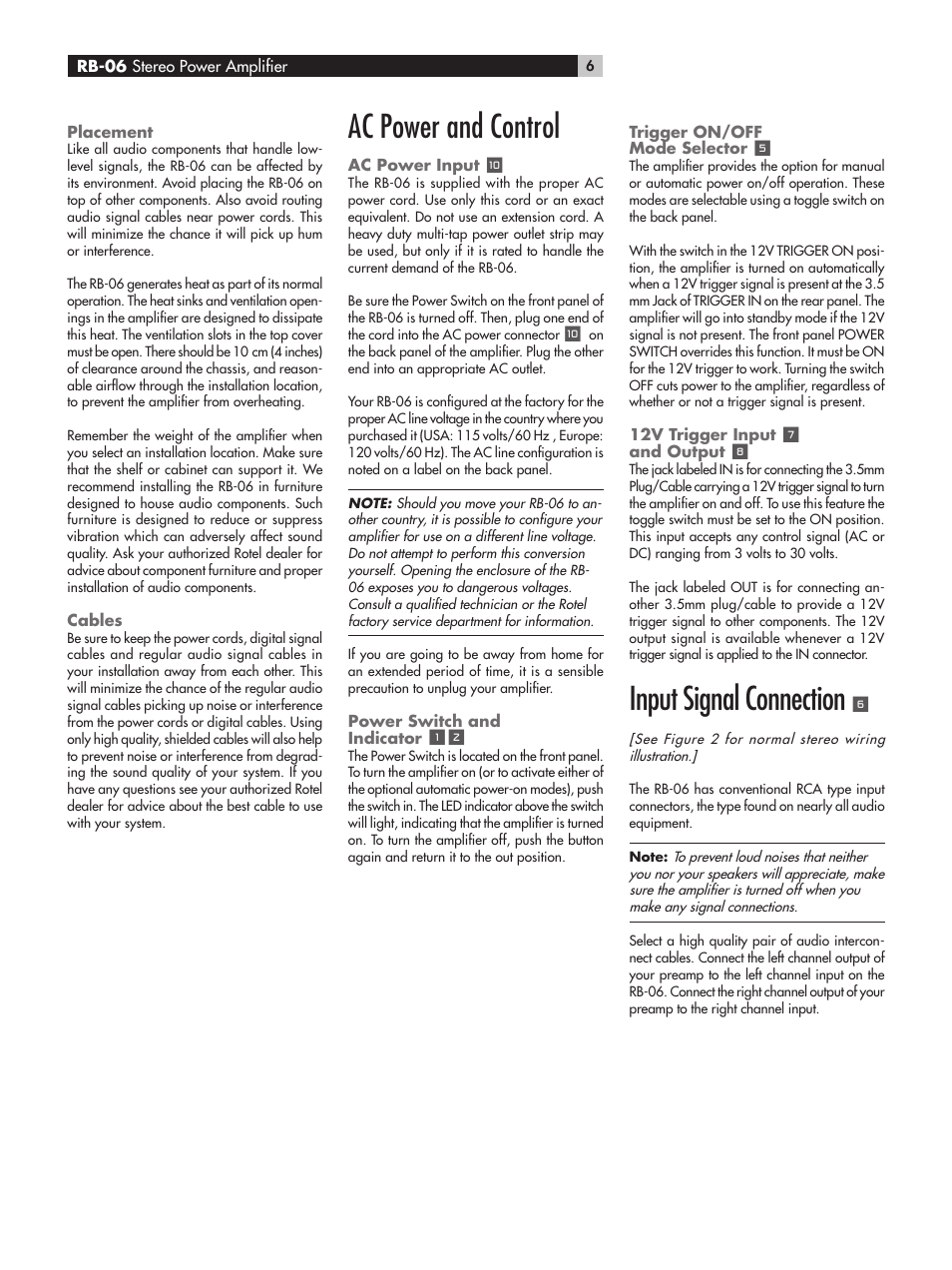 Ac power and control, Input signal connection | ROTEL RB-06 User Manual | Page 6 / 44