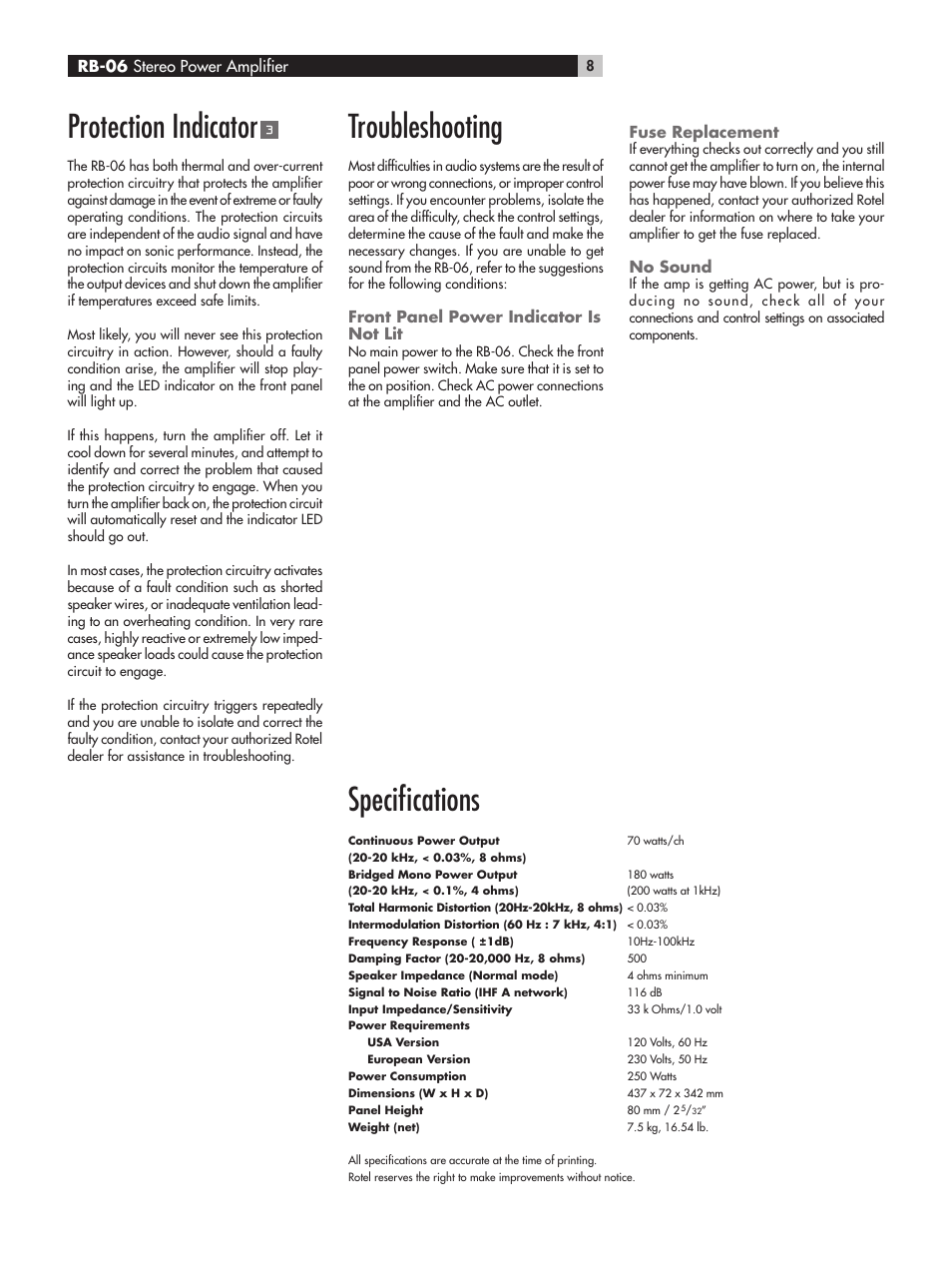 Protection indicator, Speciﬁcations, Troubleshooting | ROTEL RB-06 User Manual | Page 8 / 44