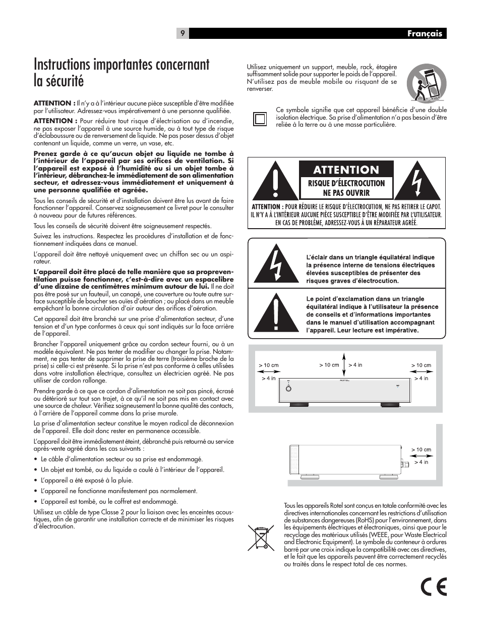 Instructions importantes concernant la sécurité | ROTEL RB-06 User Manual | Page 9 / 44