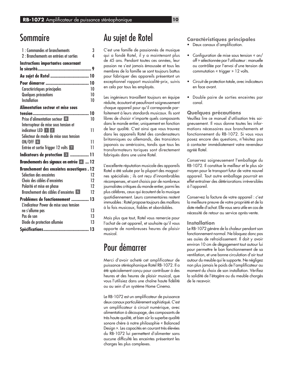 Sommaire, Au sujet de rotel, Pour démarrer | ROTEL RB-1072 User Manual | Page 10 / 42