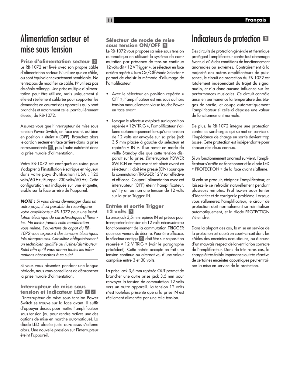 Alimentation secteur et mise sous tension, Indicateurs de protection | ROTEL RB-1072 User Manual | Page 11 / 42